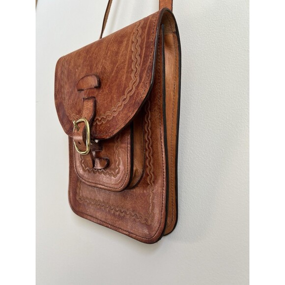 Vintage Handcrafted Leather Crossbody Bag Brown Brass Buckle Unisex - Picture 4 of 16